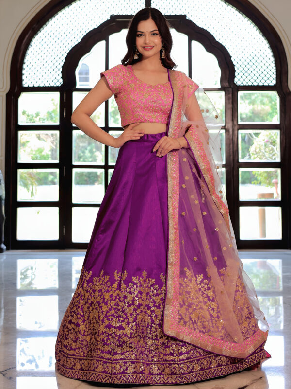 Purple Color Mulberry Silk Fabric Sequence Embroidery Work Lehenga