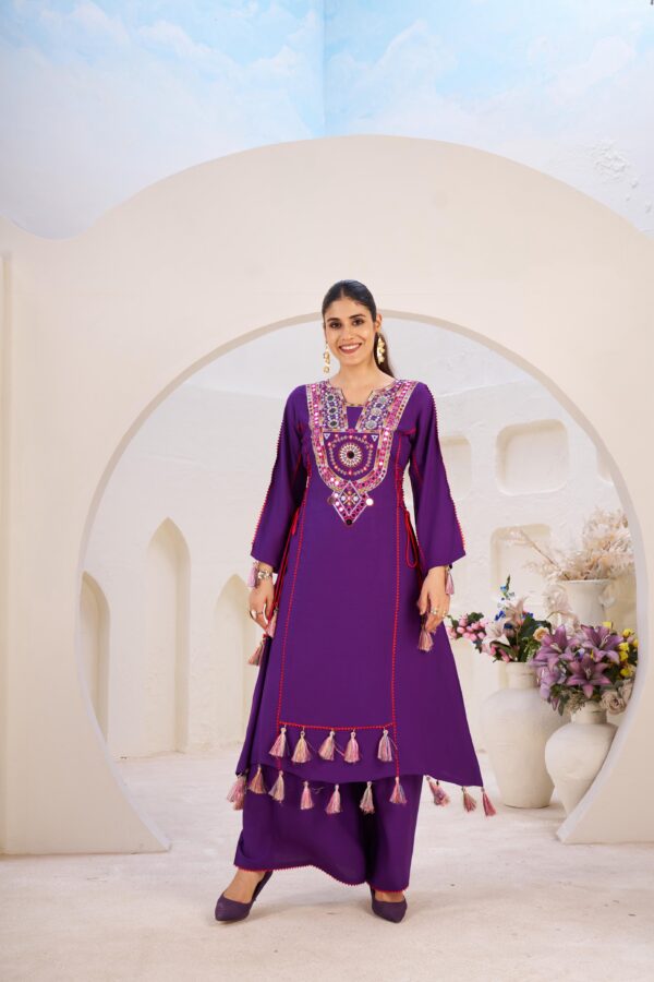 Purple Rayon Fabric Peplum Palazzo Style Cord Set Suit