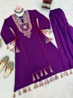 Purple Rayon Fabric Peplum Palazzo Style Cord Set Suit
