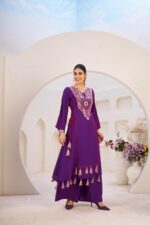 Purple Rayon Fabric Peplum Palazzo Style Cord Set Suit