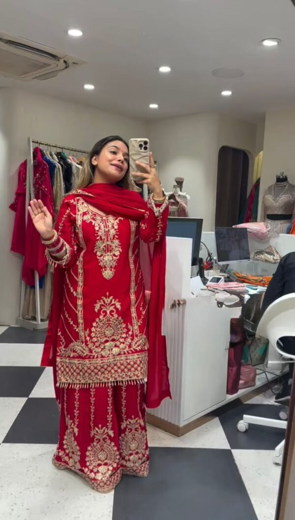 Red Color Chinon Silk Fabric Thread With Sequence Work Sharara Set