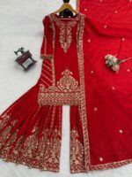 Red Color Chinon Silk Fabric Thread With Sequence Work Sharara Set