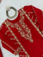 Red Color Chinon Silk Fabric Thread With Sequence Work Sharara Set