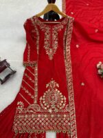 Red Color Chinon Silk Fabric Thread With Sequence Work Sharara Set