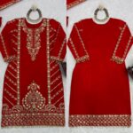 Red Color Chinon Silk Fabric Thread With Sequence Work Sharara Set