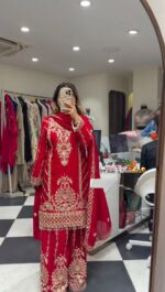 Red Color Chinon Silk Fabric Thread With Sequence Work Sharara Set