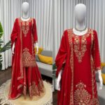 Red Color Chinon Silk Fabric Thread With Sequence Work Sharara Set