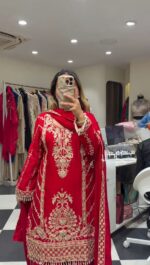 Red Color Chinon Silk Fabric Thread With Sequence Work Sharara Set