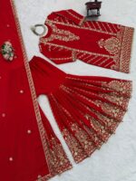 Red Color Chinon Silk Fabric Thread With Sequence Work Sharara Set