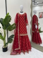 Red Color Chinon Silk Fabric Thread With Sequence Work Sharara Set