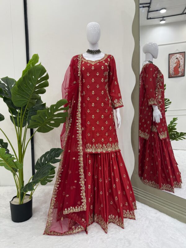 Red Color Chinon Silk Fabric Thread With Sequence Work Sharara Set