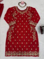 Red Color Chinon Silk Fabric Thread With Sequence Work Sharara Set