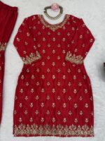 Red Color Chinon Silk Fabric Thread With Sequence Work Sharara Set