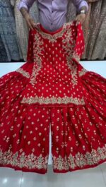 Red Color Chinon Silk Fabric Thread With Sequence Work Sharara Set