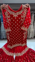 Red Color Chinon Silk Fabric Thread With Sequence Work Sharara Set