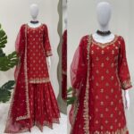 Red Color Chinon Silk Fabric Thread With Sequence Work Sharara Set