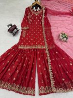 Red Color Chinon Silk Fabric Thread With Sequence Work Sharara Set