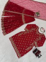 Red Color Chinon Silk Fabric Thread With Sequence Work Sharara Set