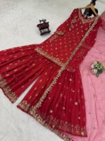 Red Color Chinon Silk Fabric Thread With Sequence Work Sharara Set