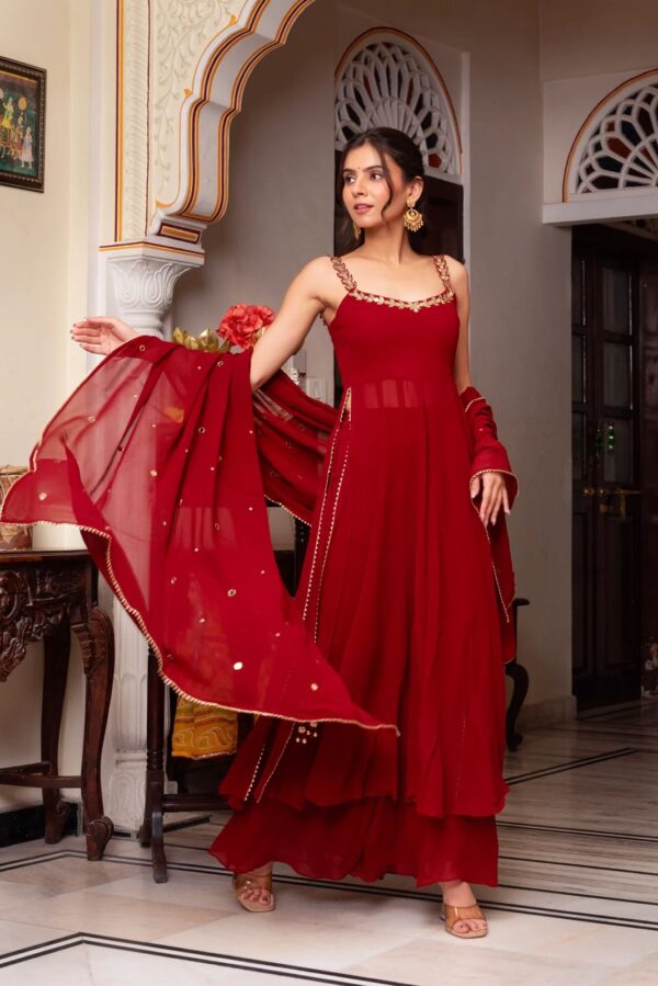 Red Color Faux Georgette Fabric Hand Work With Mirror Work Palazzo Set