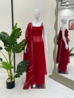 Red Color Faux Georgette Fabric Hand Work With Mirror Work Palazzo Set