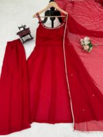 Red Color Faux Georgette Fabric Hand Work With Mirror Work Palazzo Set