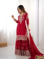 Red Color Faux Georgette Fabric Sequence And Thread With Pearl Work Sharara Set