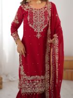Red Color Faux Georgette Fabric Sequence And Thread With Pearl Work Sharara Set