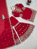 Red Color Faux Georgette Fabric Sequence And Thread With Pearl Work Sharara Set