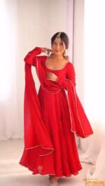 Red Color Faux Georgette Fabric Stone Work Gown