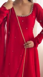 Red Color Faux Georgette Fabric Stone Work Gown