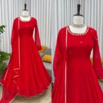 Red Color Faux Georgette Fabric Stone Work Gown