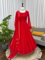 Red Color Faux Georgette Fabric Stone Work Gown