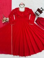 Red Color Faux Georgette Fabric Stone Work Gown