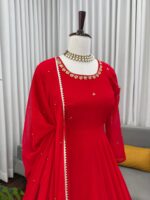 Red Color Faux Georgette Fabric Stone Work Gown