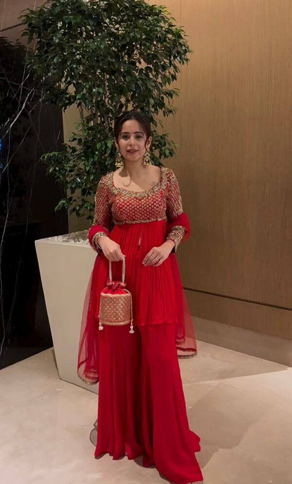 Red Color Faux Georgette Fabric Thread With Sequence Work Sharara Set