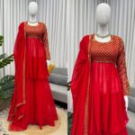 Red Color Faux Georgette Fabric Thread With Sequence Work Sharara Set