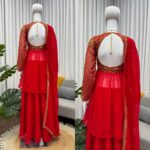 Red Color Faux Georgette Fabric Thread With Sequence Work Sharara Set