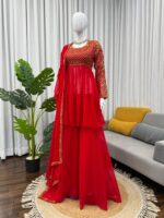 Red Color Faux Georgette Fabric Thread With Sequence Work Sharara Set