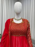 Red Color Faux Georgette Fabric Thread With Sequence Work Sharara Set