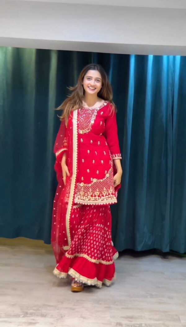Red Color Faux Georgette Fabric Thread With Sequence Work Sharara Set