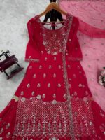 Red Color Faux Georgette Fabric Thread With Sequence Work Sharara Set