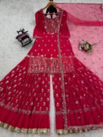 Red Color Faux Georgette Fabric Thread With Sequence Work Sharara Set