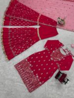 Red Color Faux Georgette Fabric Thread With Sequence Work Sharara Set