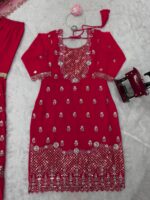 Red Color Faux Georgette Fabric Thread With Sequence Work Sharara Set
