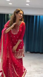 Red Color Faux Georgette Fabric Thread With Sequence Work Sharara Set