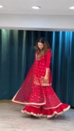 Red Color Faux Georgette Fabric Thread With Sequence Work Sharara Set
