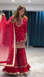 Red Color Faux Georgette Fabric Thread With Sequence Work Sharara Set