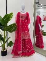 Red Color Faux Georgette Fabric Thread With Sequence Work Sharara Set