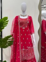 Red Color Faux Georgette Fabric Thread With Sequence Work Sharara Set